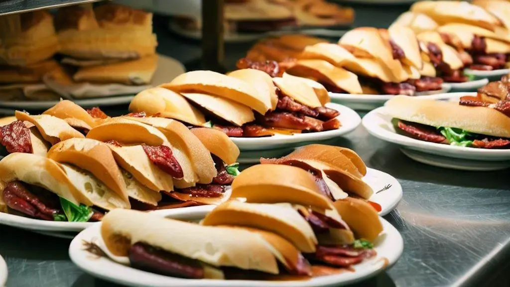 A counter top with plates of Spanish bocadillos