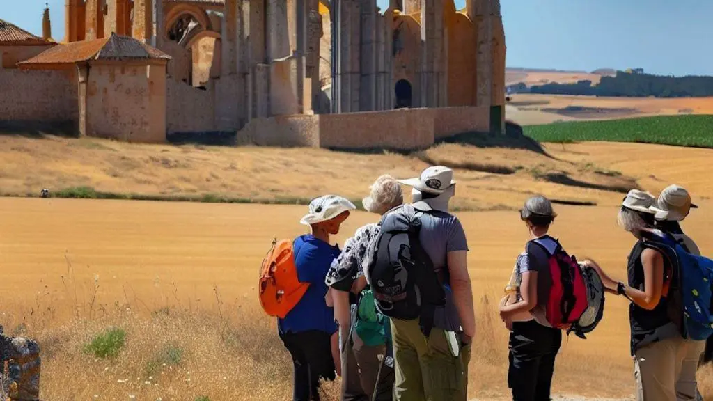 A Group Of Pilgrims Near The San Anton Monastery Ruins Castrojeriz Northern Spain A group of pilgrims near the San Antón Monastery Ruins Castrojeriz northern Spain