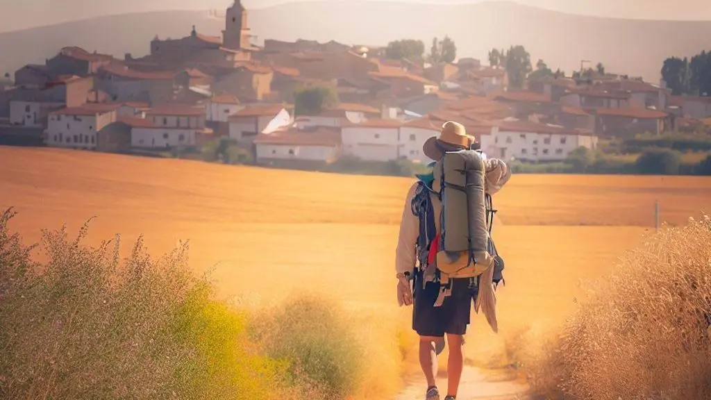 A Hiker On The Camino Frances Walking Towards Hornillos Del Camino In The Distance A hiker on the Camino Frances, with the town Hornillos Del Camino in the distance