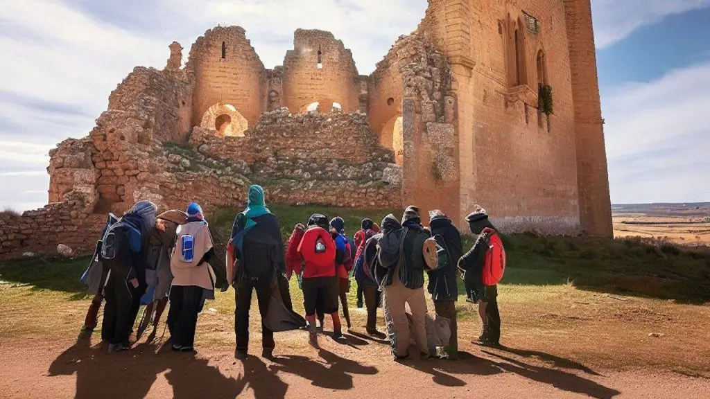 Pilgrims Standing Outside The Ruined Castillo De Castrojeriz In Northern Spain Pilgrims standing outside the ruined Castillo de Castrojeriz in northern Spain