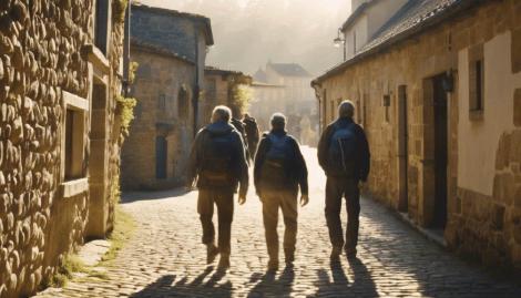 Pilgrims on their way Pilgrims walk in the sunlight along a Galician village street