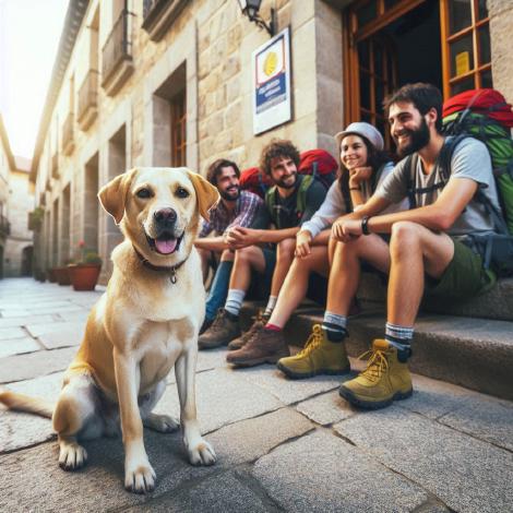 Dogs enjoy the Camino too A Dog enjoying the compan of Pilgrims outside an Albergue in Galicia