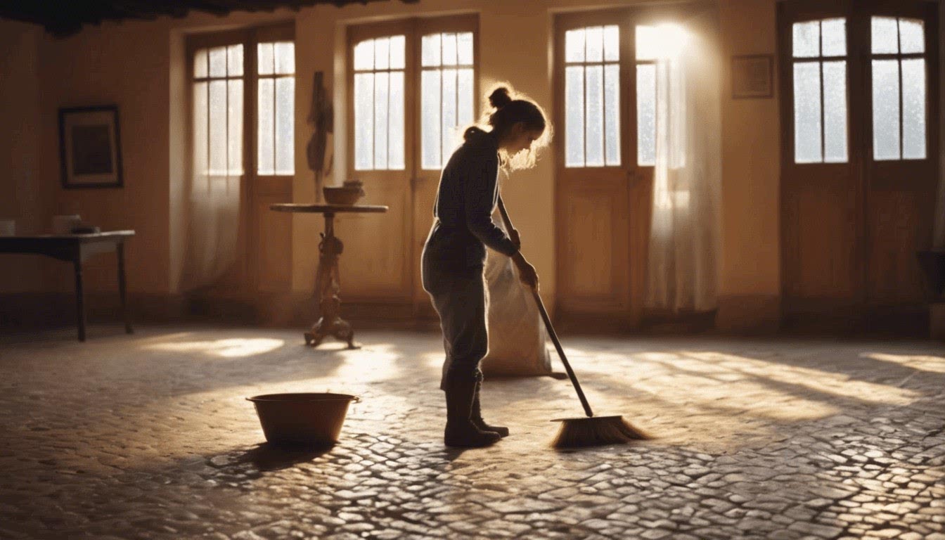 A Young Woman Hospitalero Sweeps the Floor in an Albergue