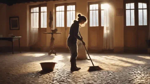 A Young Woman Hospitalero Sweeps the Floor in an Albergue