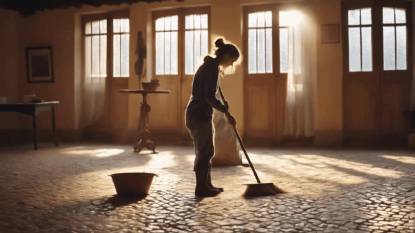 A Young Woman Hospitalero Sweeps the Floor in an Albergue