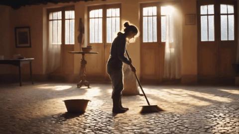 A Young Woman Hospitalero Sweeps the Floor in an Albergue