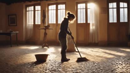 A Young Woman Hospitalero Sweeps the Floor in an Albergue
