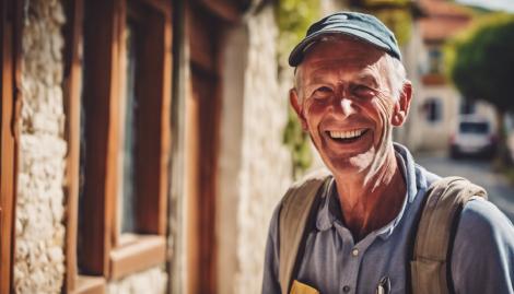 The Satisfaction of Volunteering Happy Senior Male Hospitaleros outside an Albergue