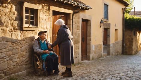 Volunteering as an act of Faith Senior religious Camino Helper speaking with an elderly man on a chair