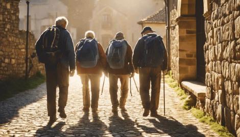 Morning Sunlight on a Galician Village Street Camino pilgrims hiking through a Camino Town in the morning