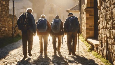 Morning Sunlight on a Galician Village Street Camino pilgrims hiking through a Camino Town in the morning
