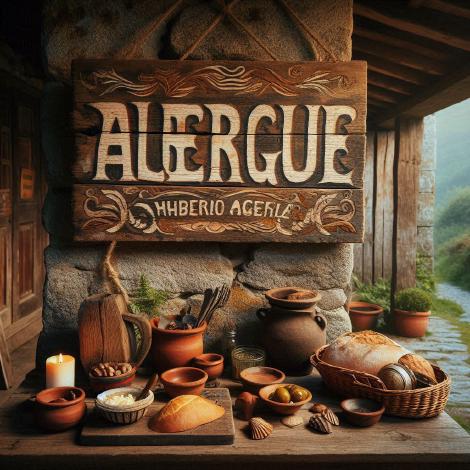 Sustenance for the Pilgrims A rustic table of food outside a traditional Albergue