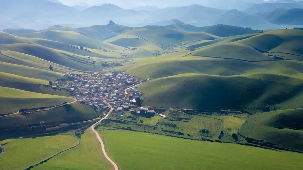 Aerial Photo Of Mountains From The Camino De Santiago Sunny Day Green Fields Pathway Villages