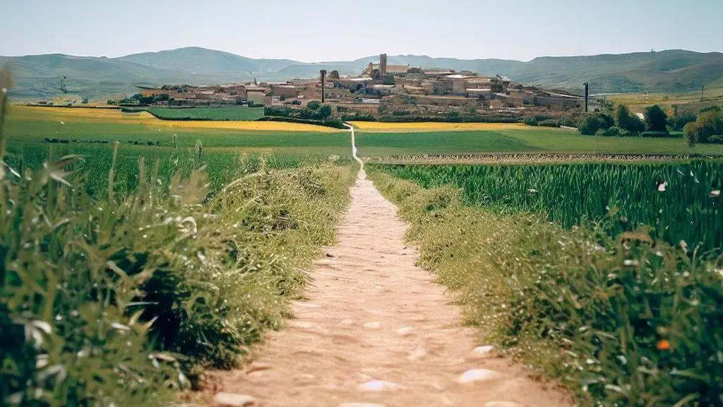 Along Pathway Hornillos Del Camino In Distance Camino De Santiago