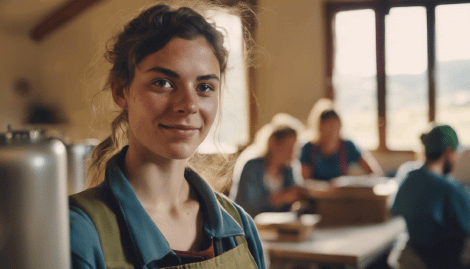 A young woman enjoying her volunteer experience Young woman volunteers in an Albergue kitchen