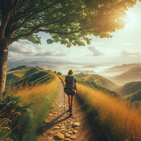 A Pilgrim walking through a countryside scene along the Camino del Norte Stage 1 Route