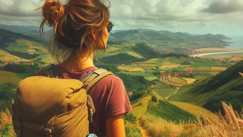 A Woman Pilgrim looks out over La Concha Bay approaching San Sebastián in Northern Spain almost completing Stage 1 of the Camino del Norte