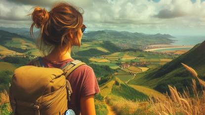 A Woman Pilgrim looks out over La Concha Bay approaching San Sebastián in Northern Spain almost completing Stage 1 of the Camino del Norte