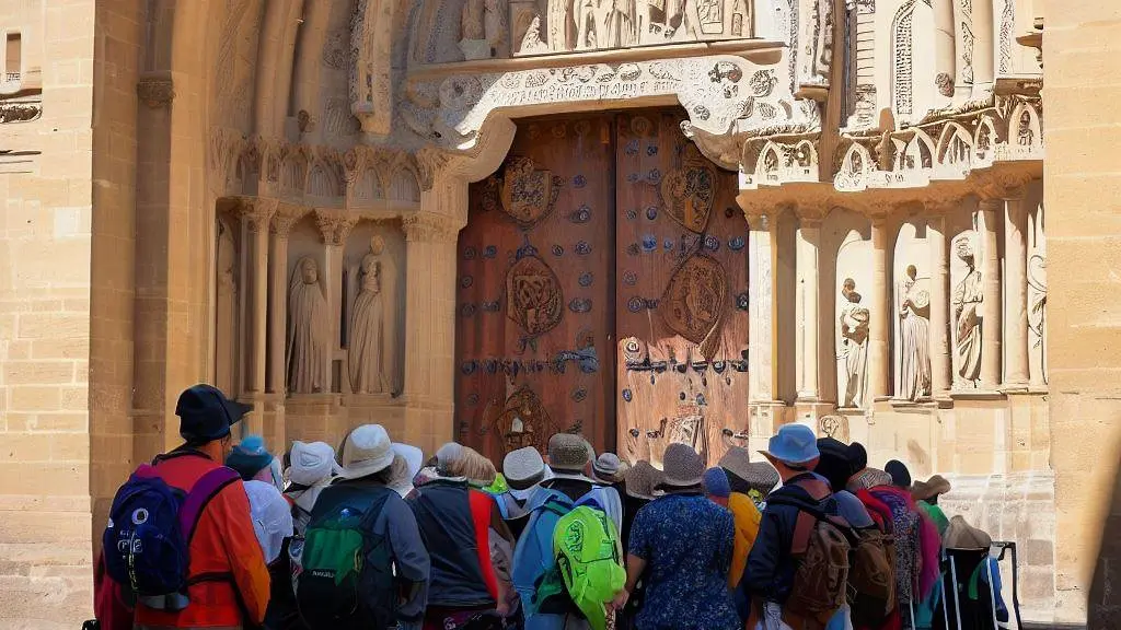 Pilgrims standing at the entrance of the concatedral de santa maria de la redonda logrono la rioja
