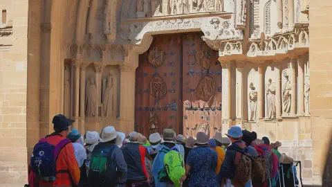 Pilgrims Standing At The Entrance Concatedral De Santa Maria De La Redonda Logrono La Rioja Pilgrims standing at the entrance of the concatedral de santa maria de la redonda logrono la rioja