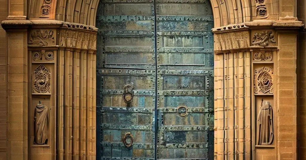 Impression of the door of the basilica of Santa Maria del la Redonda, Logrono, Spain