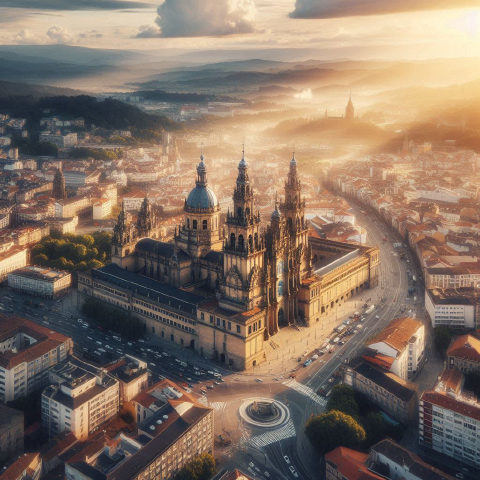 Artistic Impression of an Aerial View of Santiago de Compostela
