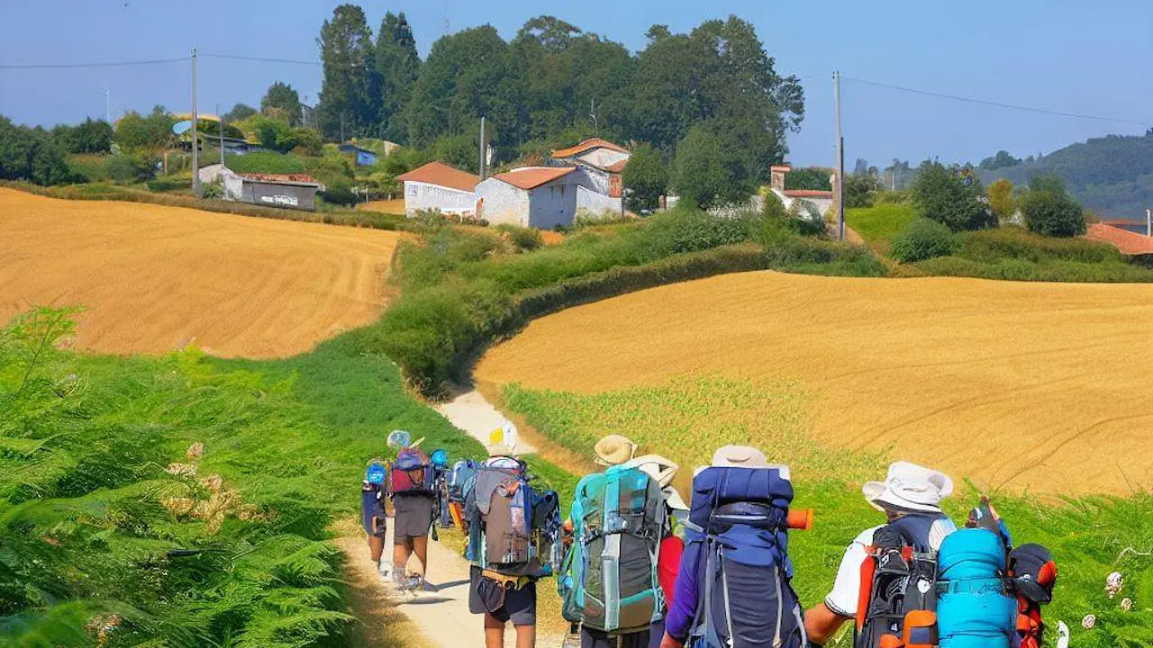 Pilgrims walking the route from Palas De Rei to Ribadiso De Baixo, along the Camino Frances, Spain, in summer