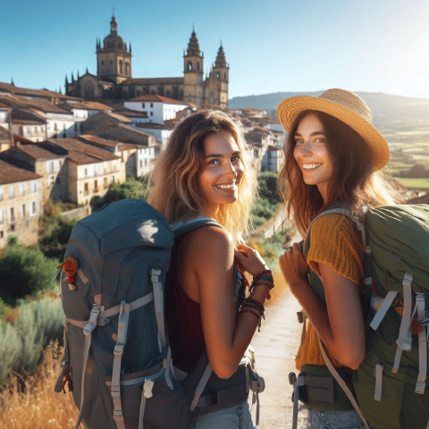 Two Female Backbacker Friends Enjoying Walking the Camino Francés with Santiago de Cmpostela in the Background