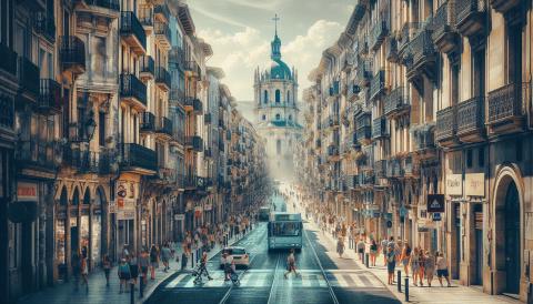 A Typical Street Scene in Pamplona, Spain on a Summer's Day Impression of a Street Scene in Paplona, Spain on a Summer's Day