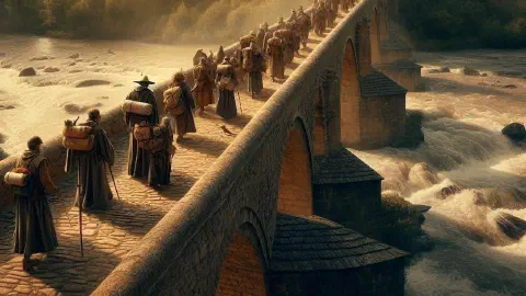 Impression of Medieval Pilgrims Walking from Puente la Reina to Estella