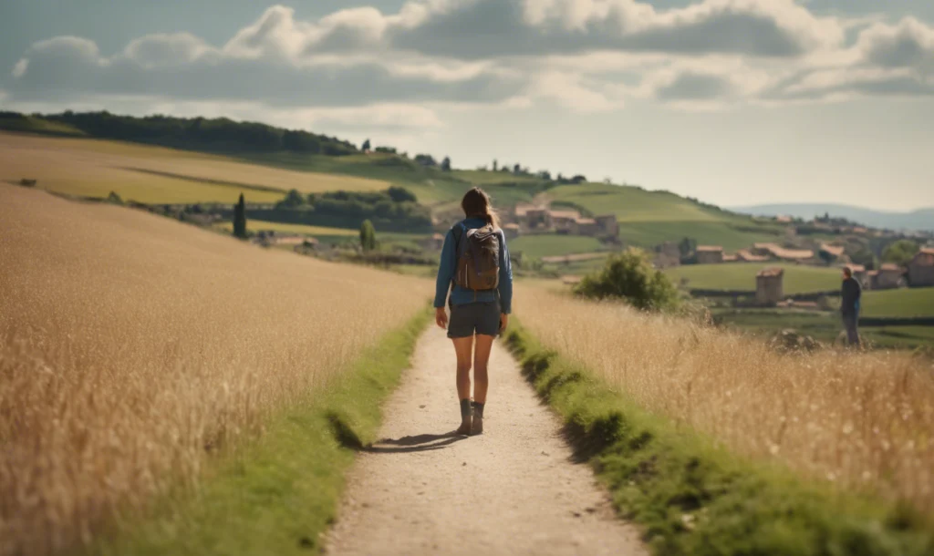 A Solo Female Pilgrim Walking Along The Camino De Santiago Trail A Solo Female Pilgrim Walking Along The Camino De Santiago Trail