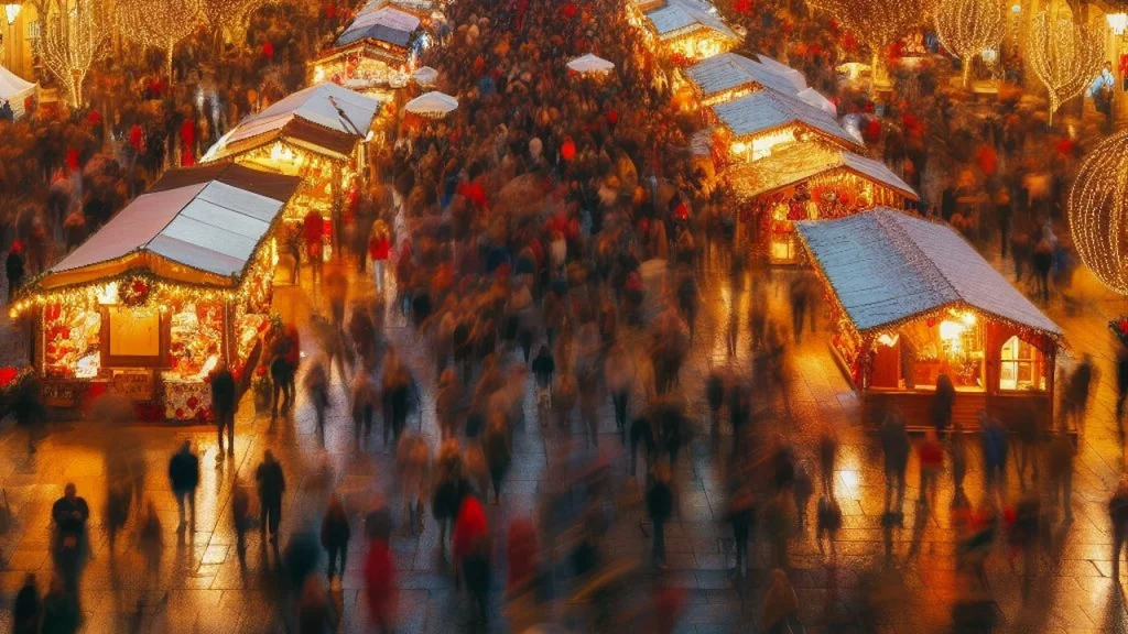 Busy Christmas Market In Santiago De Compostela At Night