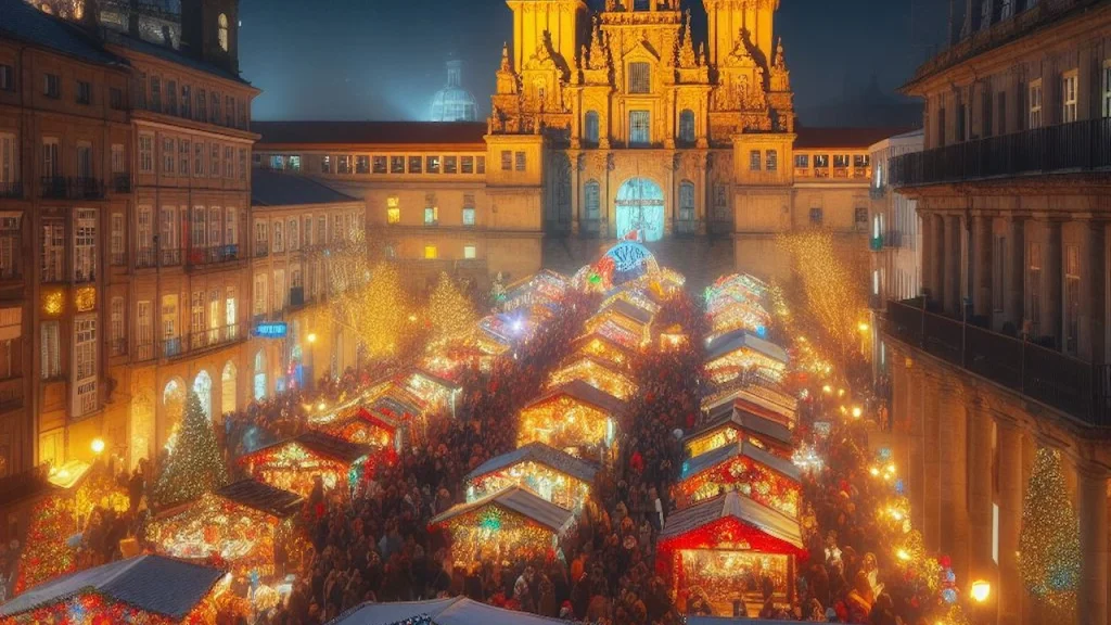 Woman Browsing Christmas Market Stall At Night In Santiago De Compostela Spain Christmas Market In Santiago De Compostela By Night
