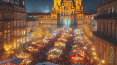 Woman Browsing Christmas Market Stall At Night In Santiago De Compostela Spain Christmas Market In Santiago De Compostela By Night