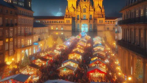 Woman Browsing Christmas Market Stall At Night In Santiago De Compostela Spain Christmas Market In Santiago De Compostela By Night