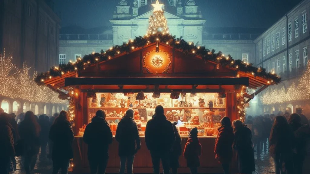 Christmas Market Stall At Night In Santiago De Compostela Christmas Market Stall At Night In Santiago De Compostela