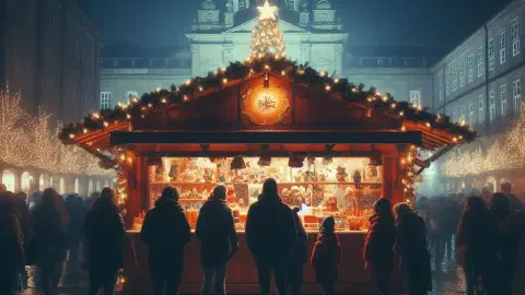 Christmas Market Stall At Night In Santiago De Compostela Christmas Market Stall At Night In Santiago De Compostela