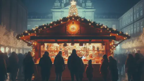 Christmas Market Stall At Night In Santiago De Compostela Christmas Market Stall At Night In Santiago De Compostela