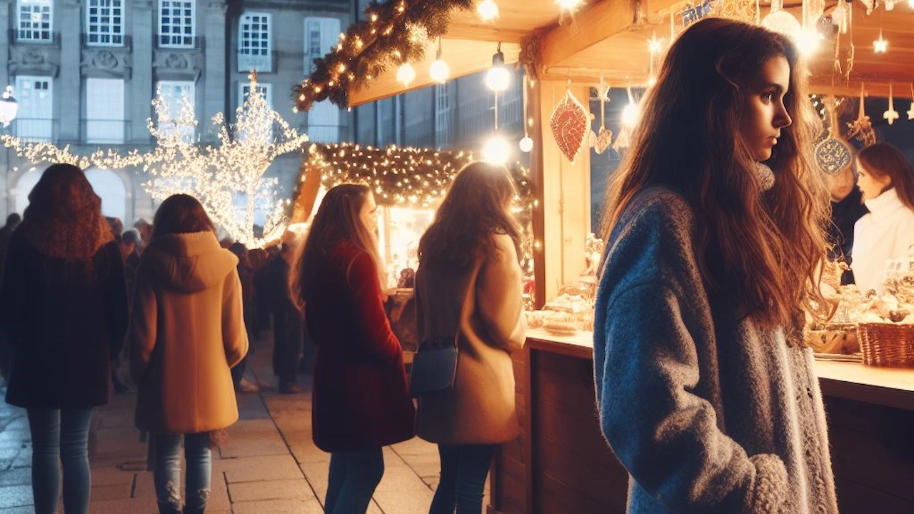 Woman Browsing Christmas Market Stall At Night In Santiago De Compostela Spain