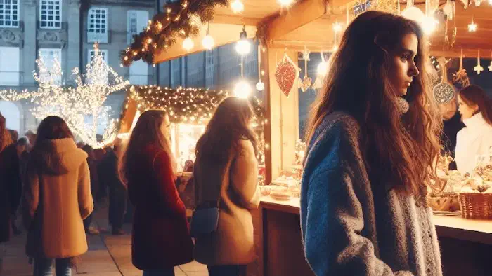 Woman Browsing Christmas Market Stall At Night In Santiago De Compostela Spain