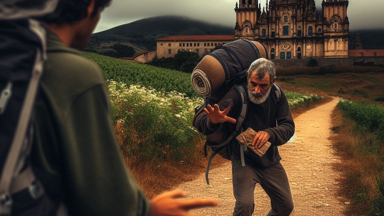 A Pilgrim Along The Camino De Santiago About To Become The Victim Of A Robbery
