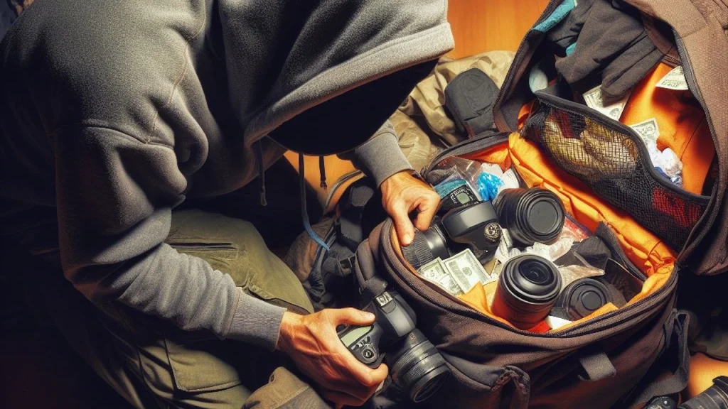 A Thief Searching Through A Rucksack Inside An Albergue Along The Camino A Thief Searching Through A Rucksack Inside An Albergue Along The Camino