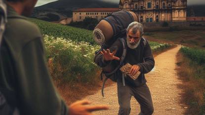 A Pilgrim Along The Camino De Santiago About To Become The Victim Of A Robbery