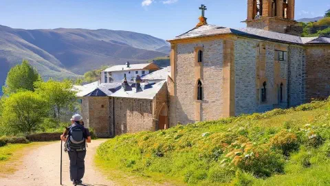 A hiker standing near The Convent of the Annunciation, Villafranca del Bierzo, Spain, on a sunny day