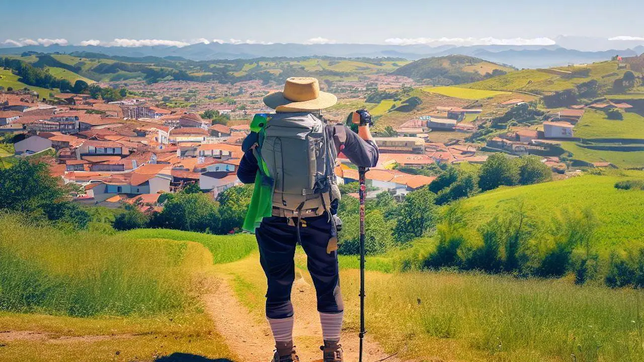 A hiker on a hill, on the Camino Frances, looking down over the town of Vega de Valcarce, Spain, in thedistance, on a sunny day