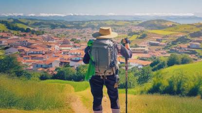 A hiker on a hill, on the Camino Frances, looking down over the town of Vega de Valcarce, Spain, in thedistance, on a sunny day