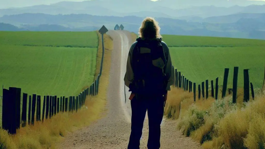 The Way movie starring Martin Sheen, standing facing away from the camera, staring into the distance  along the Camino de Santiago.