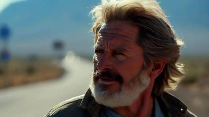Martin Sheen protagonizando la película - The Way de Emilio Estevez, de pie junto al Camino de Santiago, primer plano de la cabeza.