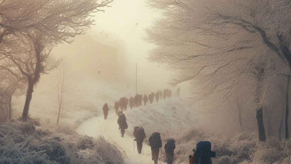 Camino Pilgrims Walking Up A Snowy Pass In Winter
