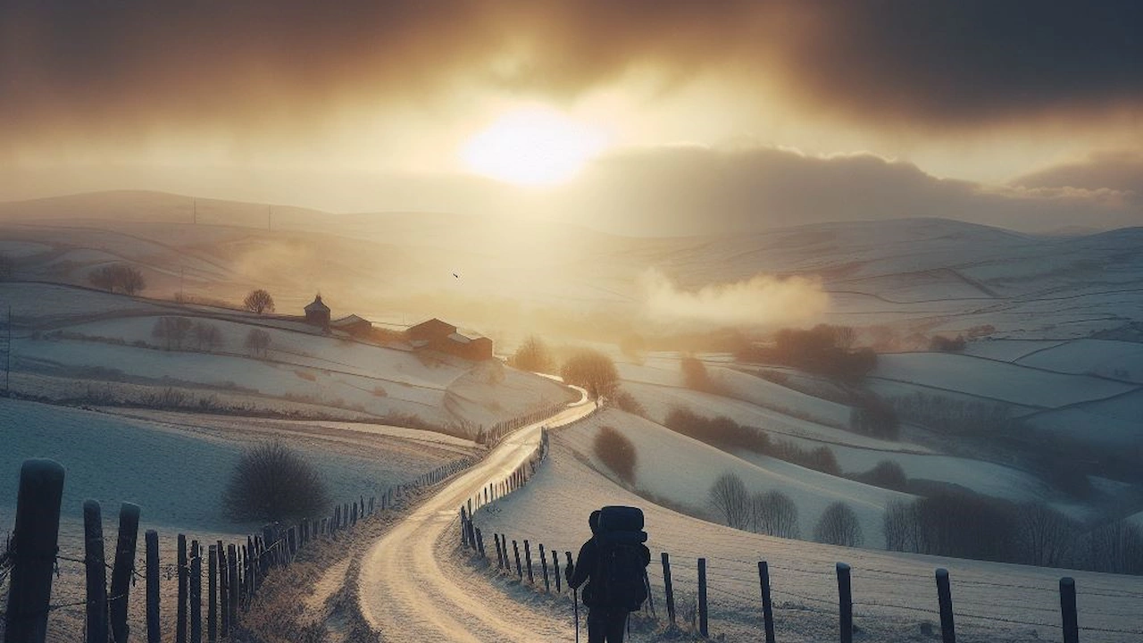 Lone Pilgrim Walking The Camino In Winter